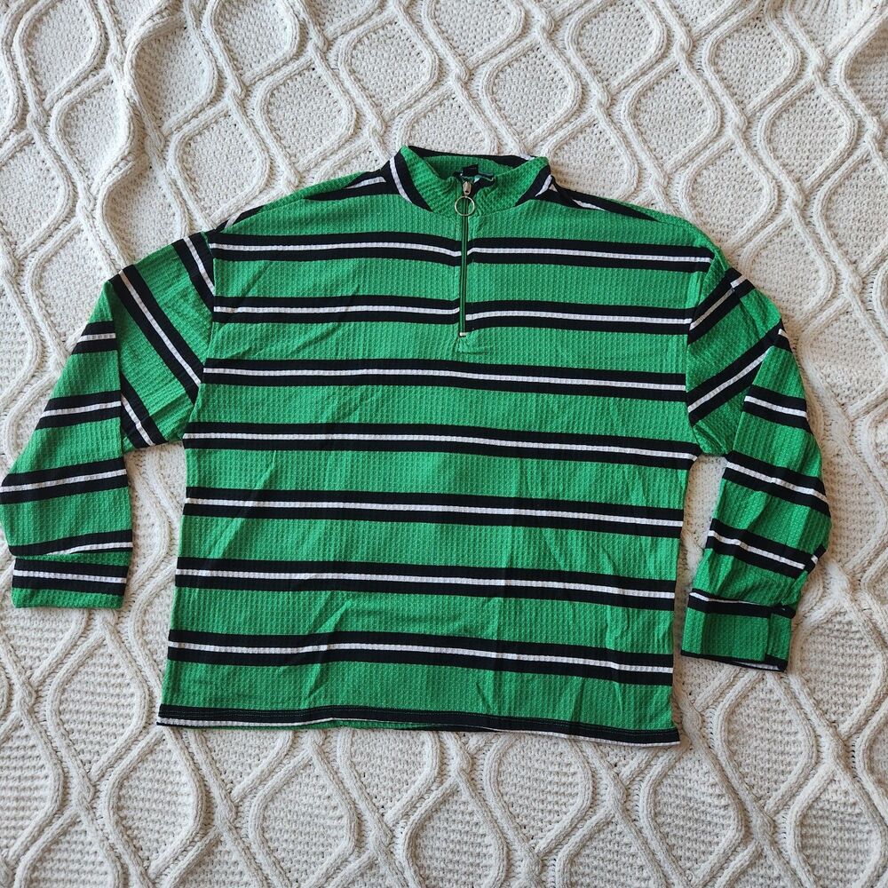 New Rouge Green Striped Waffle Knit Half Zip Pullover Top O-Ring- Size 2X